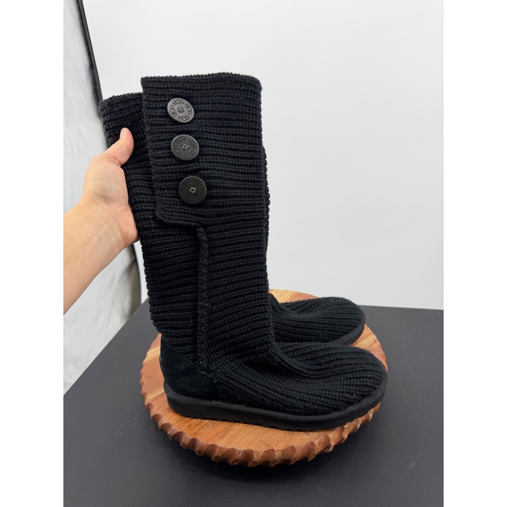 UGG Classic Cardy Knit Boot Women Size 9 Black Three Button Tall Suede Heel